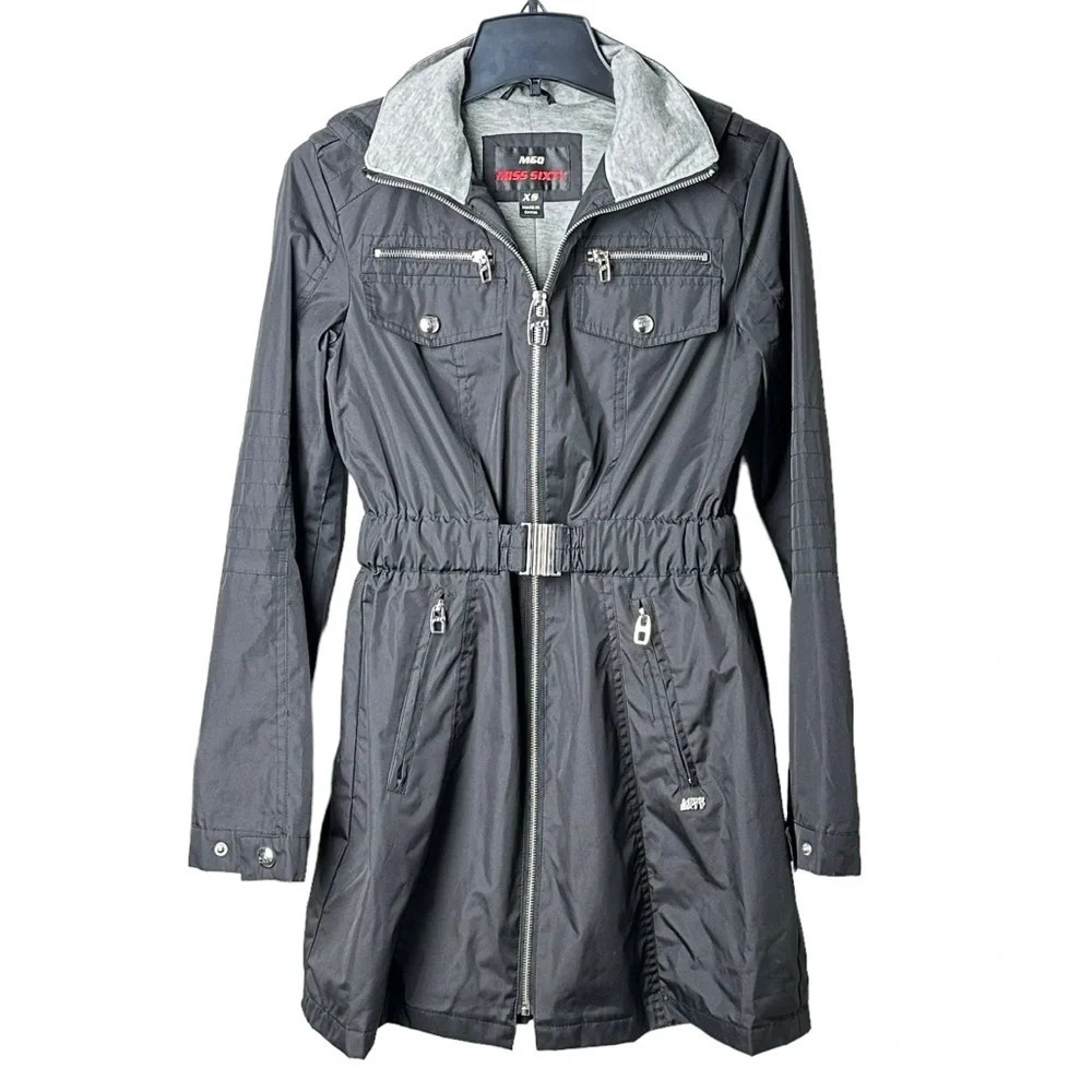 Miss Sixty Size XS Trench Coat Black Hood Jersey Lined Jacket Streetwear Y2K